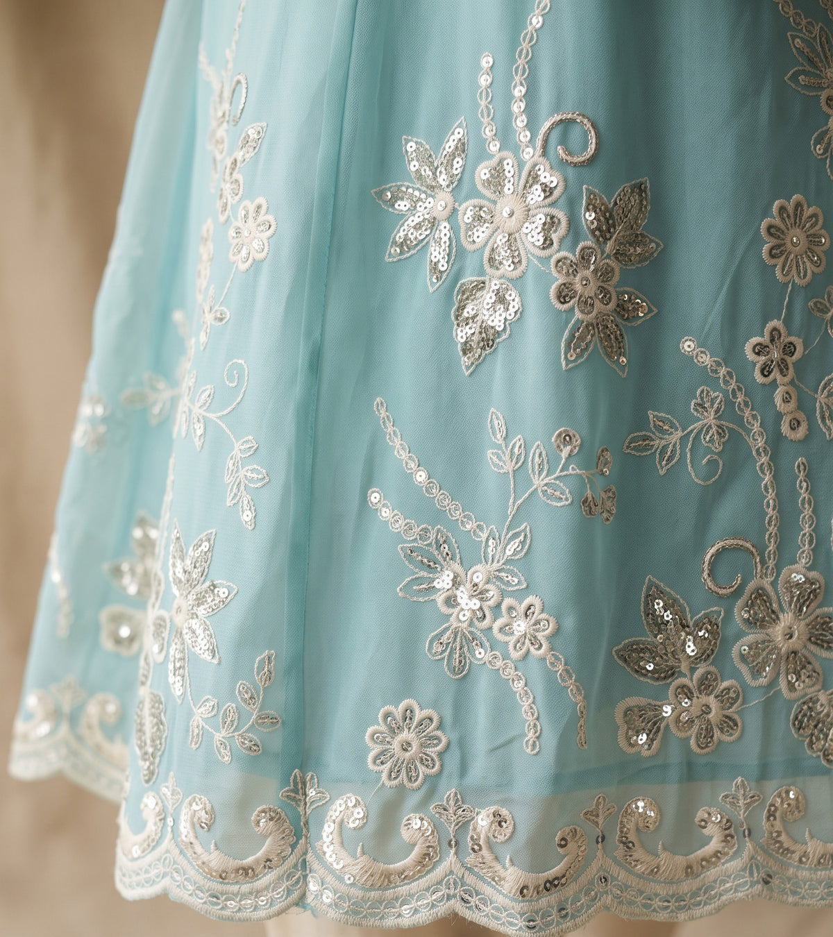 Aqua Blue Embroidered Georgette Sharara Suit with Lace Dupatta