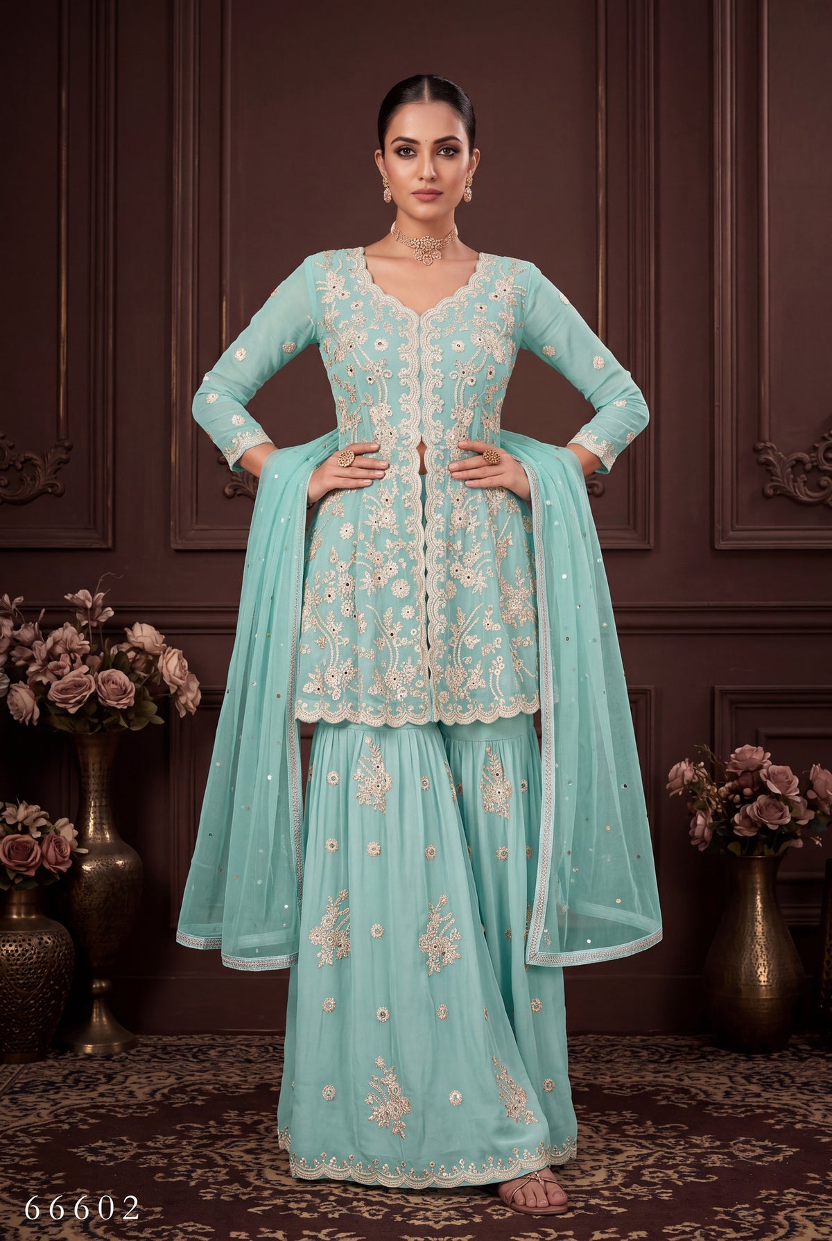 Aqua Blue Embroidered Georgette Sharara Suit with Lace Dupatta
