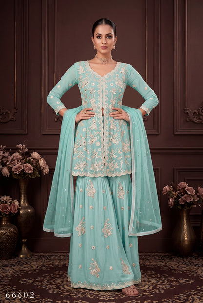 Aqua Blue Embroidered Georgette Sharara Suit with Lace Dupatta