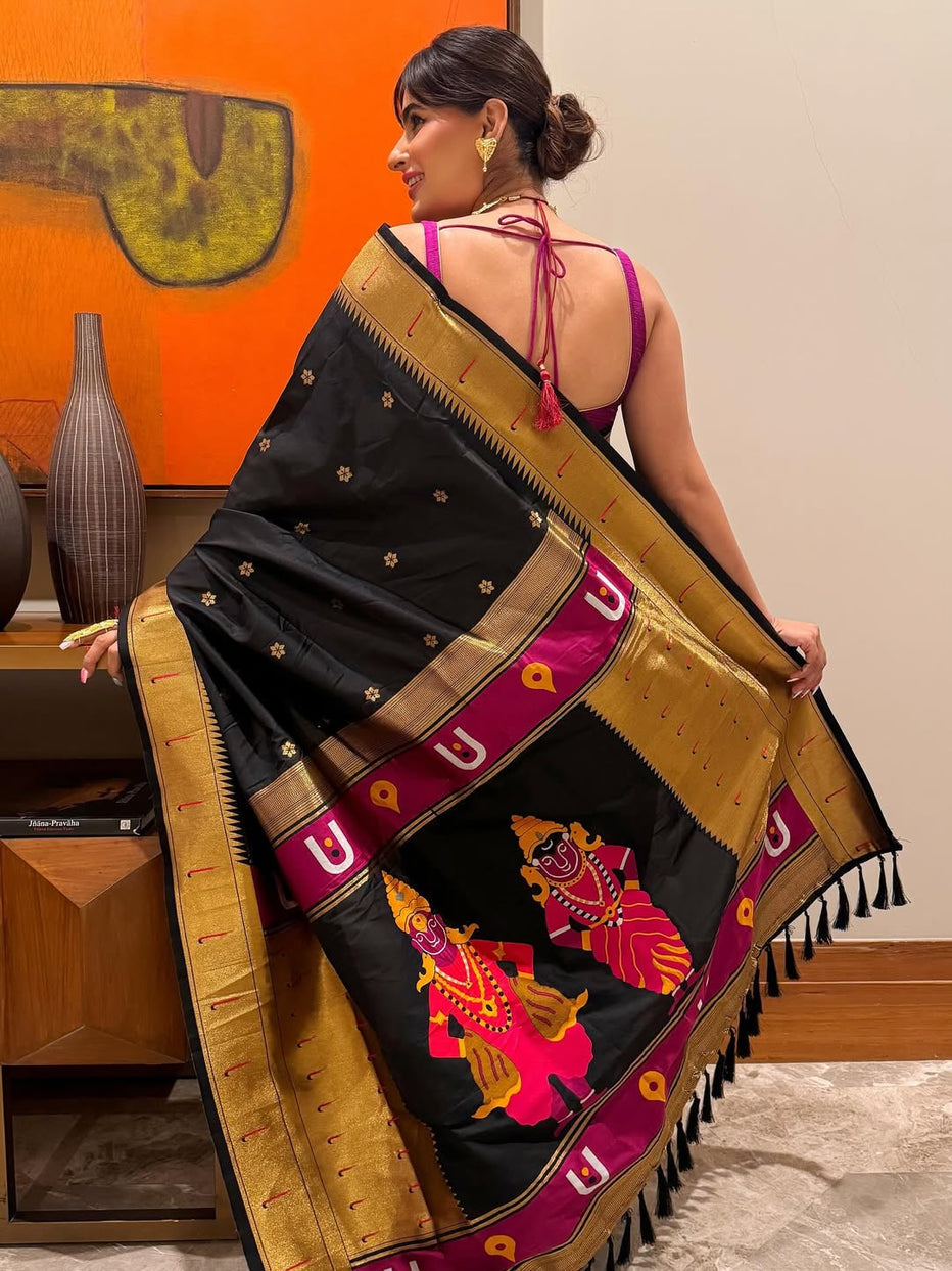 Black Zari Woven Vitthala God Special Paithani Silk Saree Banarasi Silk Saree Anant Tex Exports Pvt.Ltd..