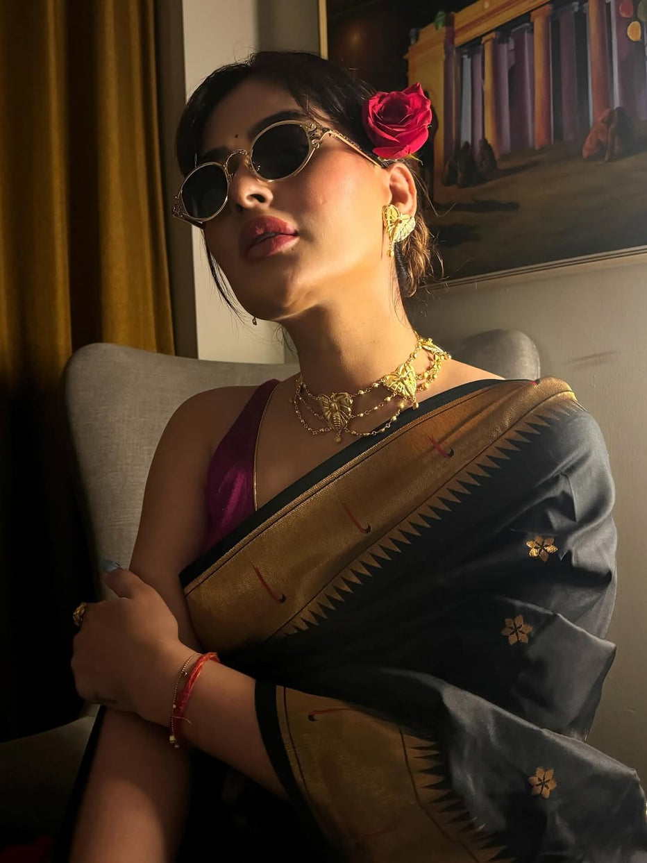 Black Zari Woven Vitthala God Special Paithani Silk Saree Banarasi Silk Saree Anant Tex Exports Pvt.Ltd..