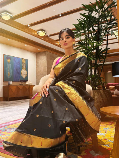 Black Zari Woven Vitthala God Special Paithani Silk Saree Banarasi Silk Saree Anant Tex Exports Pvt.Ltd..