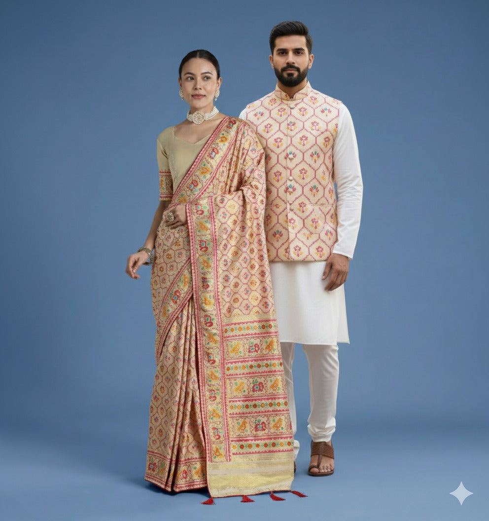 Cream Pure Banarasi Patola Saree With Kurta Jacket Matching Couple Combo Set