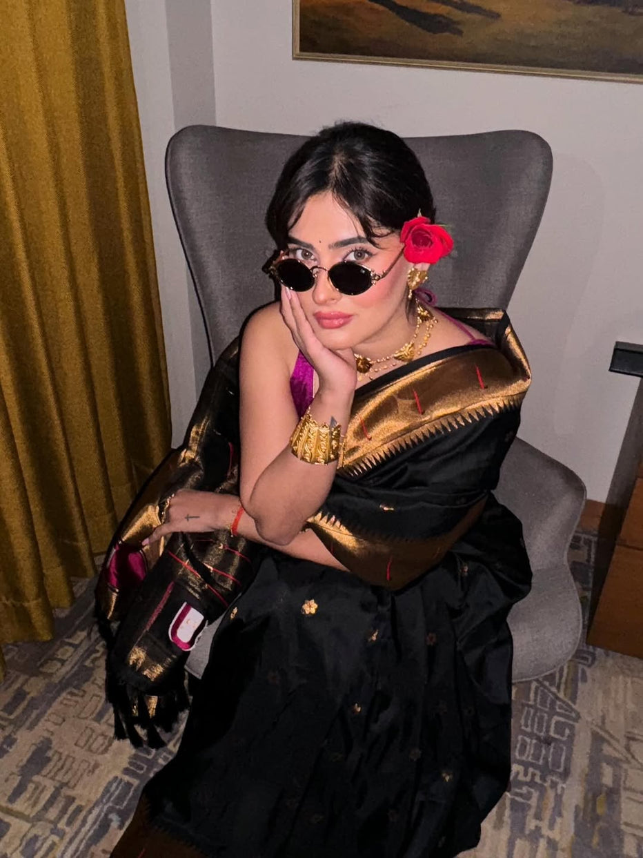 Black Zari Woven Vitthala God Special Paithani Silk Saree Banarasi Silk Saree Anant Tex Exports Pvt.Ltd..