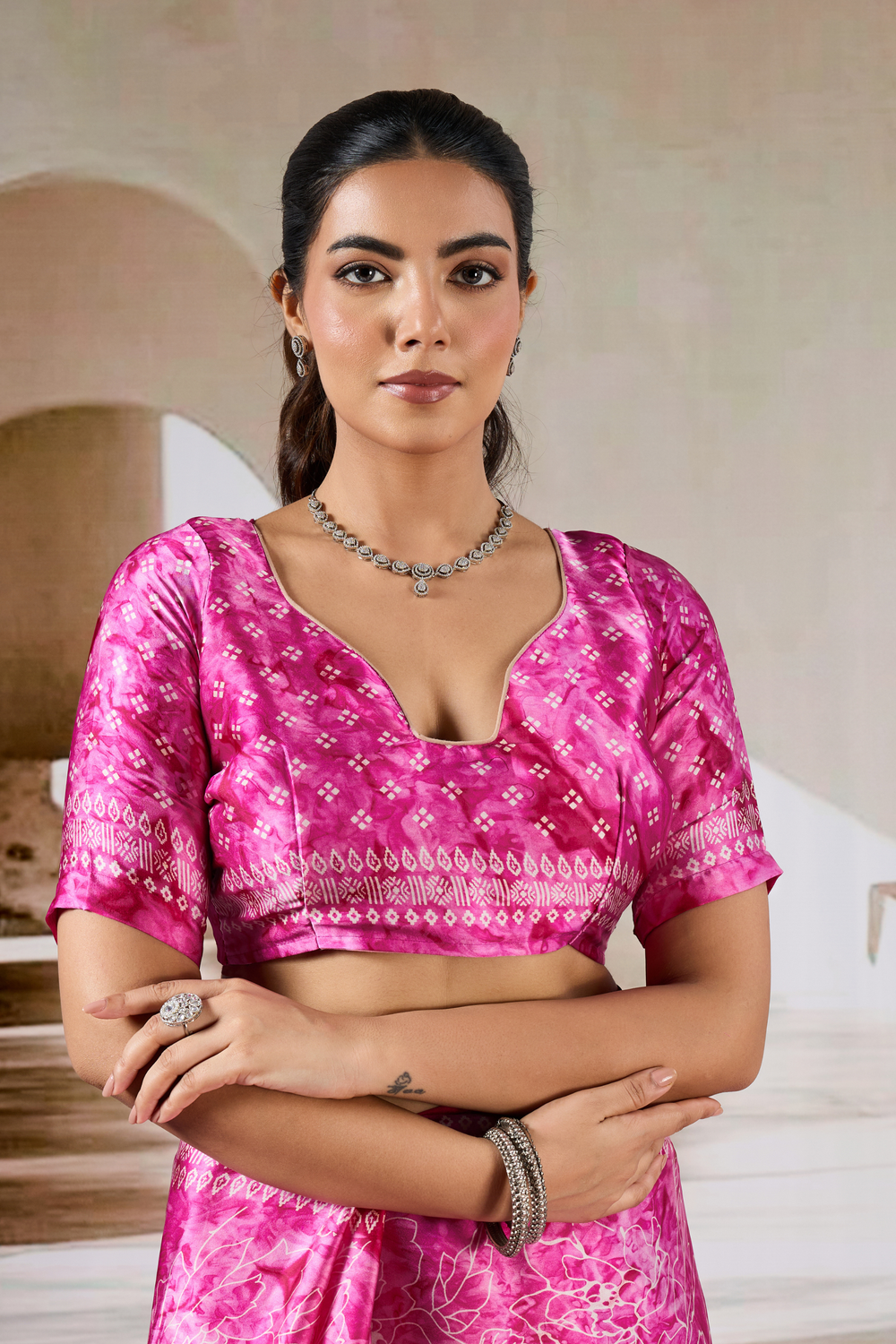 Pink Modal Satin Hand Prism Print Saree ##color## Japan Satin Saree with premium fabric and embroidery