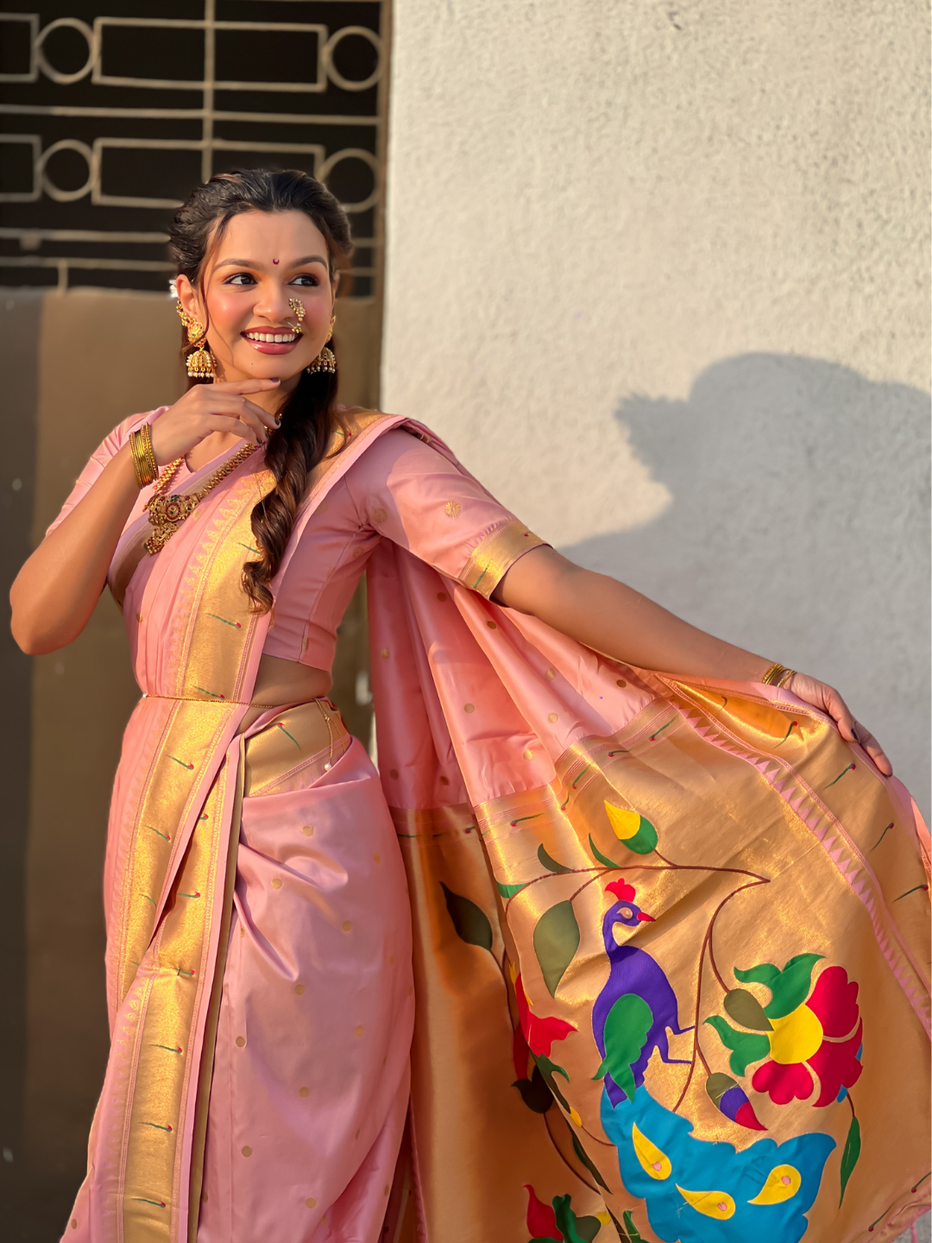 Baby Pink Wedding Special Nauvari Paithani Soft Silk Saree ##color## Paithani Saree with premium fabric and embroidery
