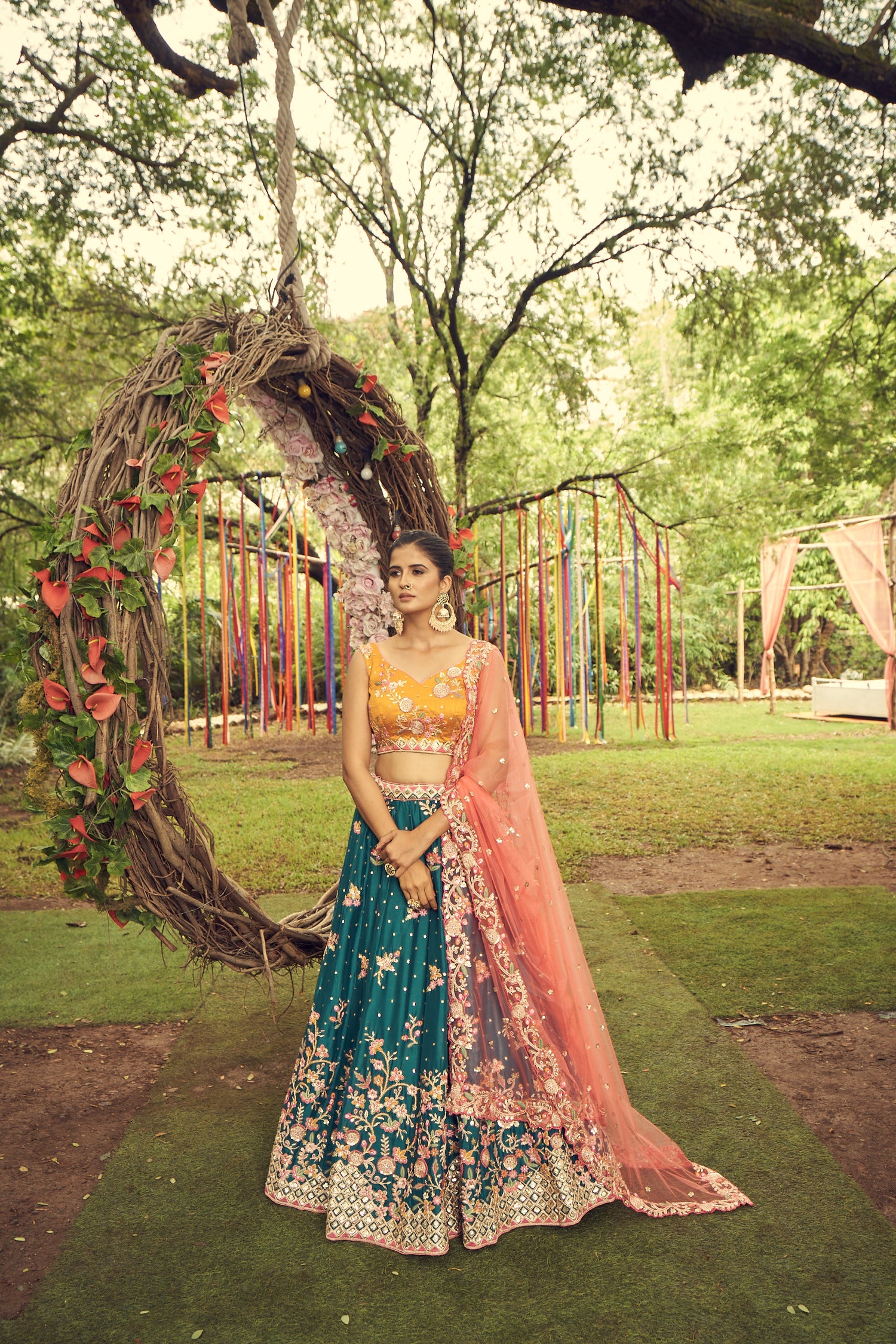 Teal Georgette Sequins Work Floral Lehenga &amp; Blouse with Pink Dupatta