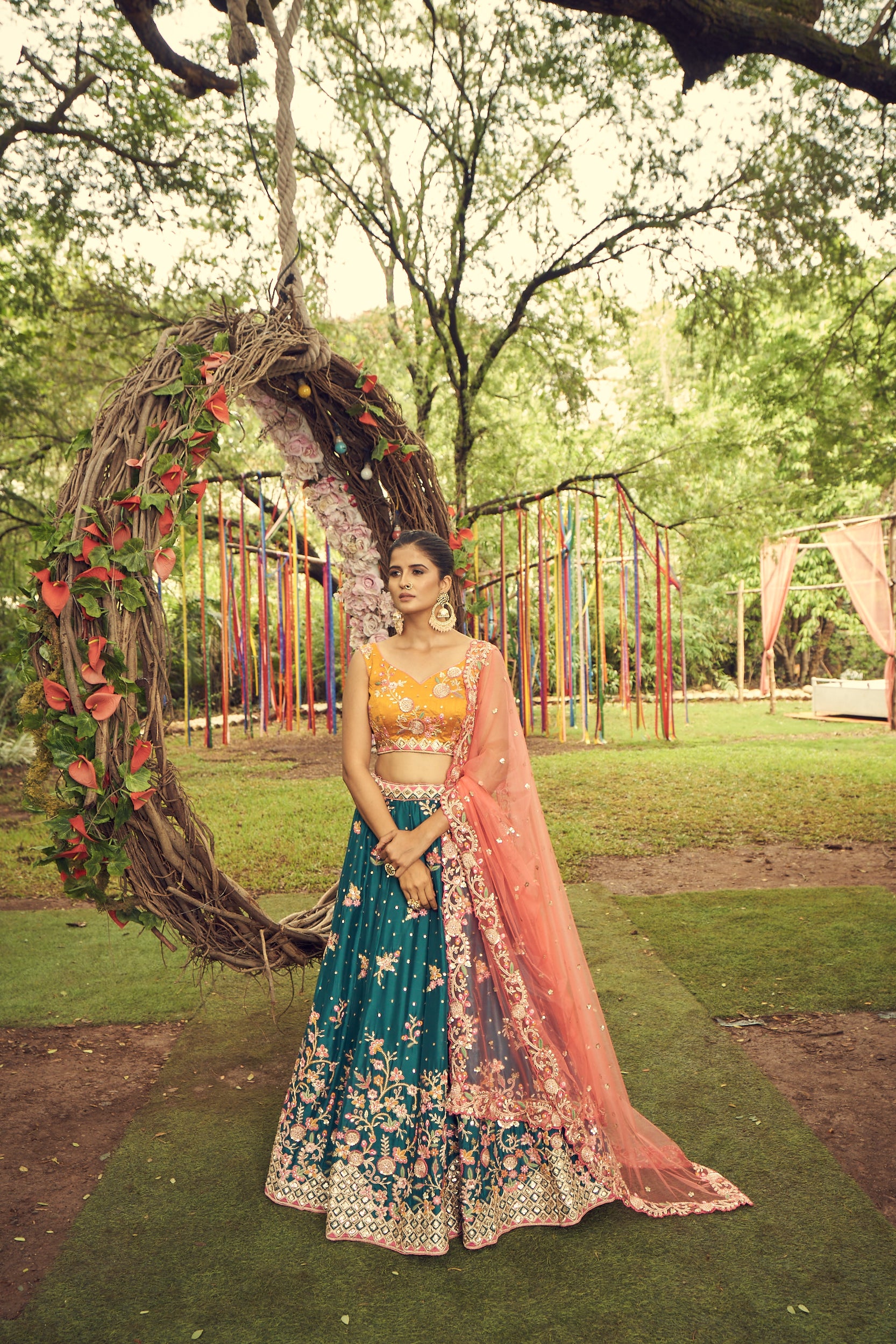 Teal Georgette Sequins Work Floral Lehenga &amp; Blouse with Pink Dupatta