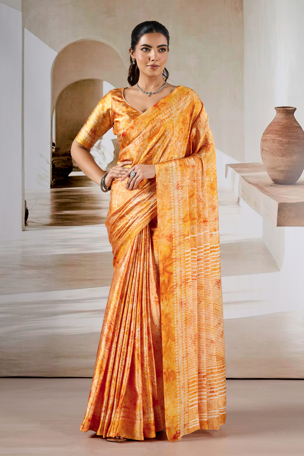 Yellow Modal Satin Hand Prism Print Saree ##color## Japan Satin Saree with premium fabric and embroidery
