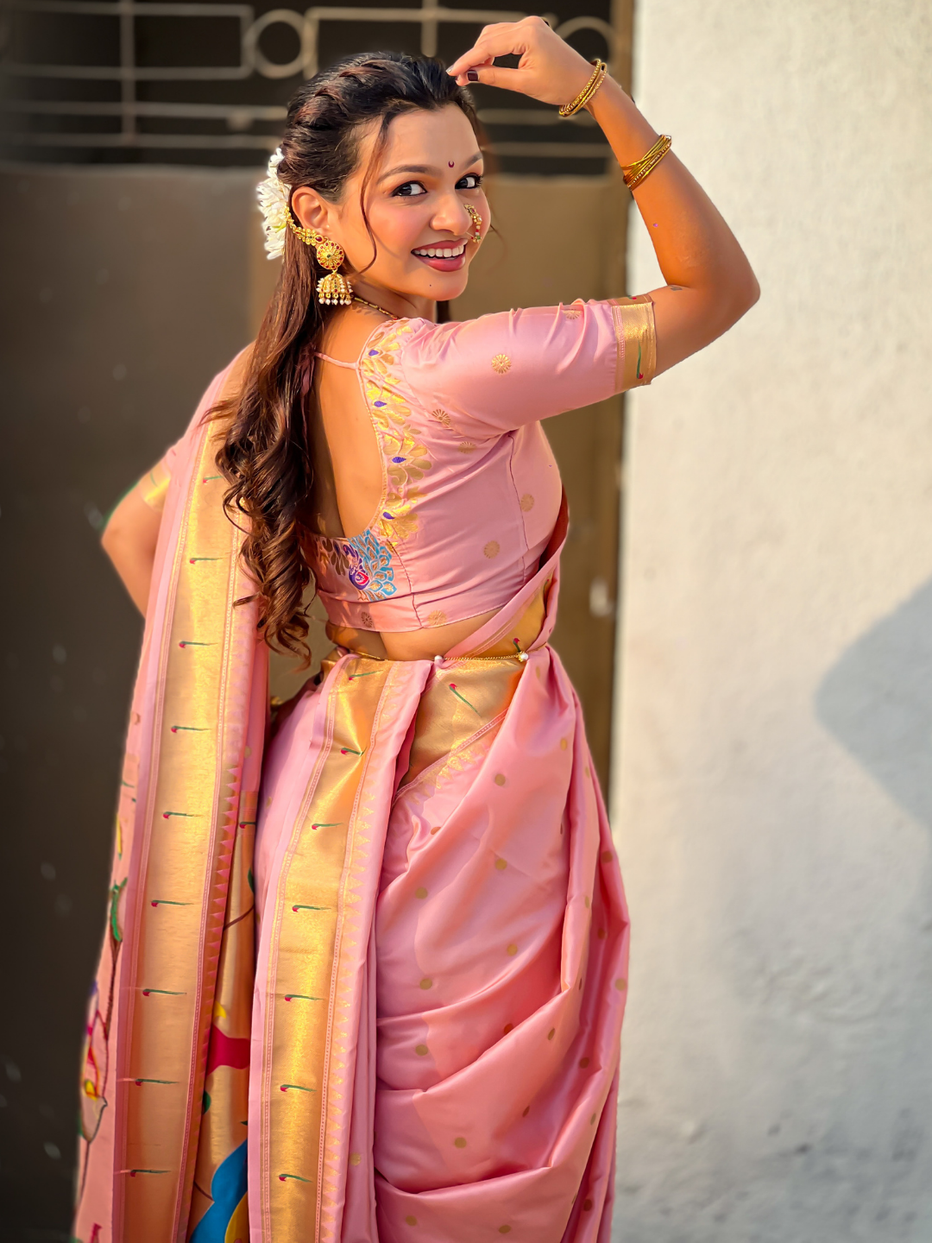 Baby Pink Wedding Special Nauvari Paithani Soft Silk Saree ##color## Paithani Saree with premium fabric and embroidery