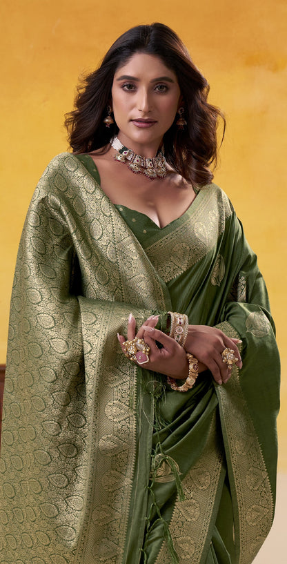 Green Pure Soft Dhatu Silk Handloom Tussar Silk Saree 