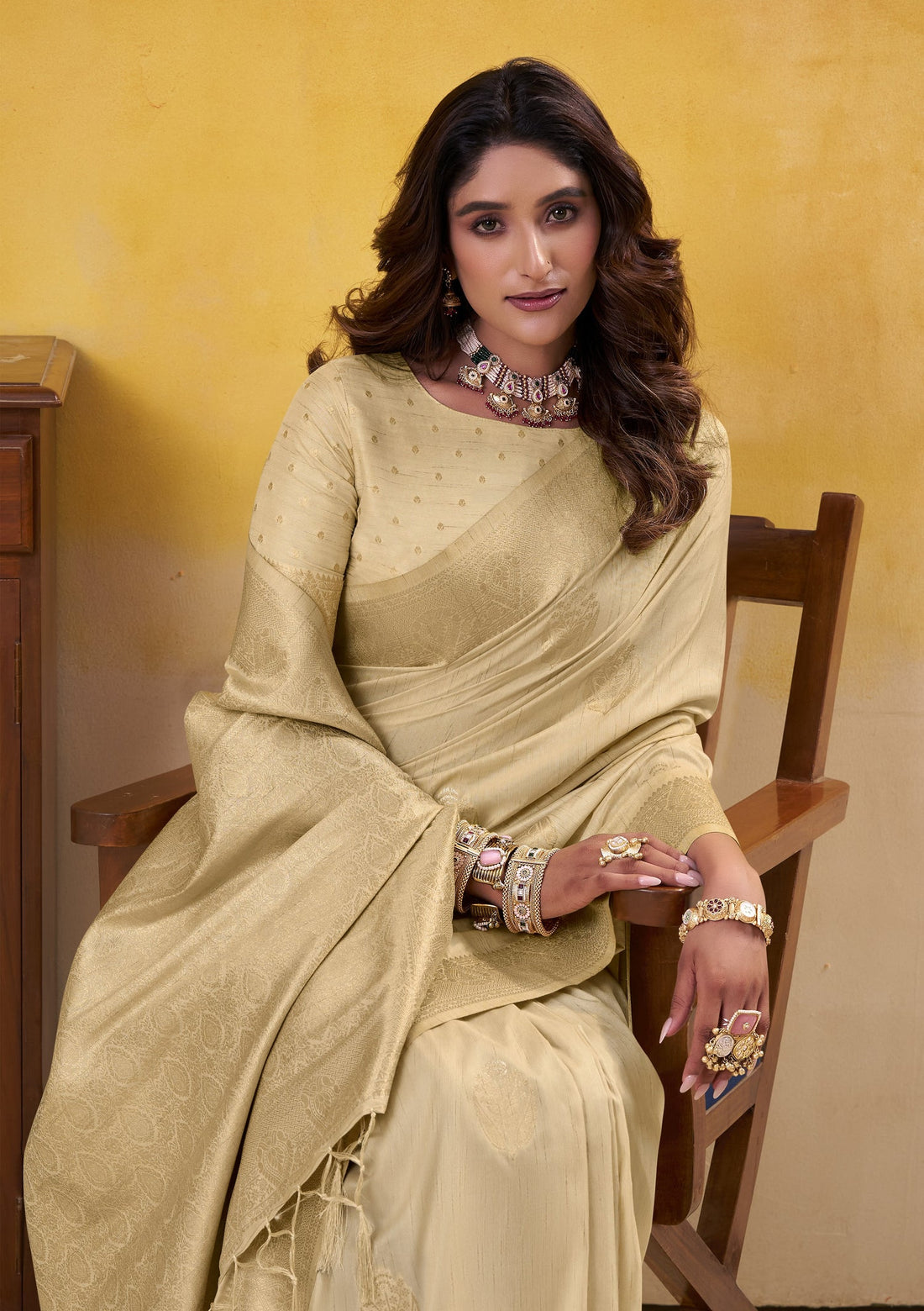 Cream Pure Soft Dhatu Silk Handloom Tussar Silk Saree 