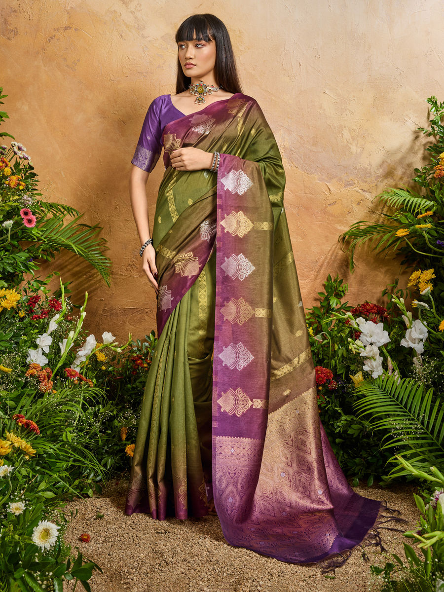 Green Pure Heavy Handloom Weaving Paper Silk Saree 