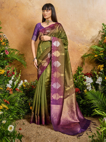 Green Pure Heavy Handloom Weaving Paper Silk Saree 