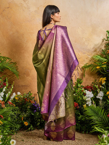 Green Pure Heavy Handloom Weaving Paper Silk Saree 