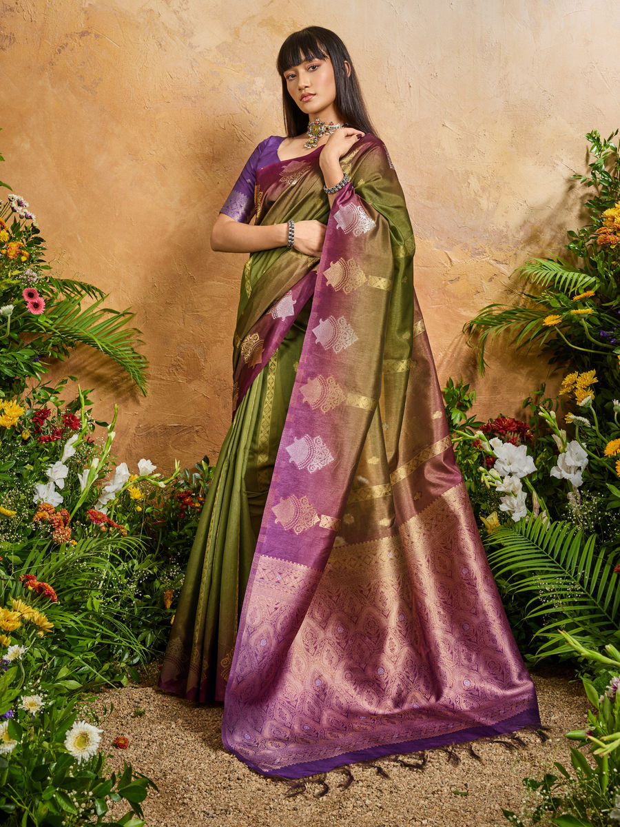 Green Pure Heavy Handloom Weaving Paper Silk Saree 