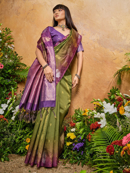 Green Pure Heavy Handloom Weaving Paper Silk Saree 