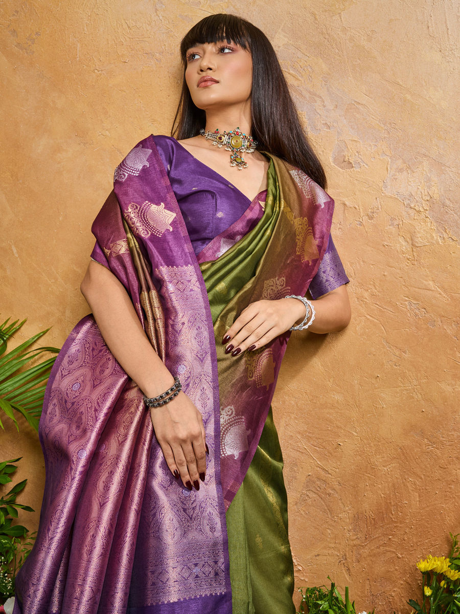 Green Pure Heavy Handloom Weaving Paper Silk Saree 