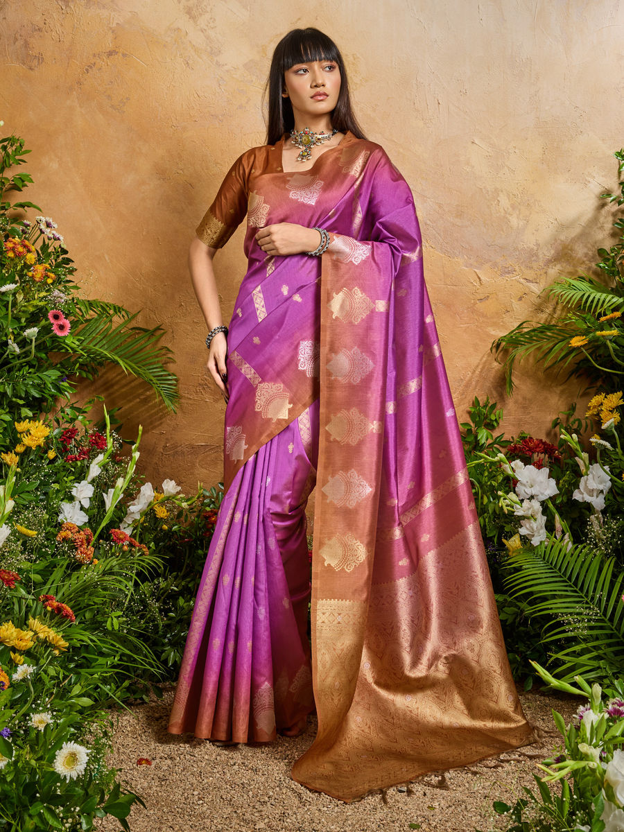 Purple Pure Heavy Handloom Weaving Paper Silk Saree 