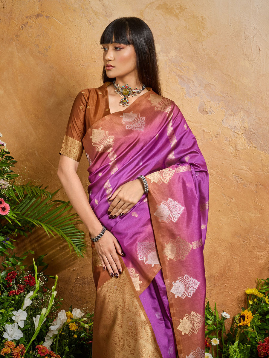 Purple Pure Heavy Handloom Weaving Paper Silk Saree 