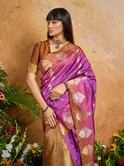 Purple Pure Heavy Handloom Weaving Paper Silk Saree 