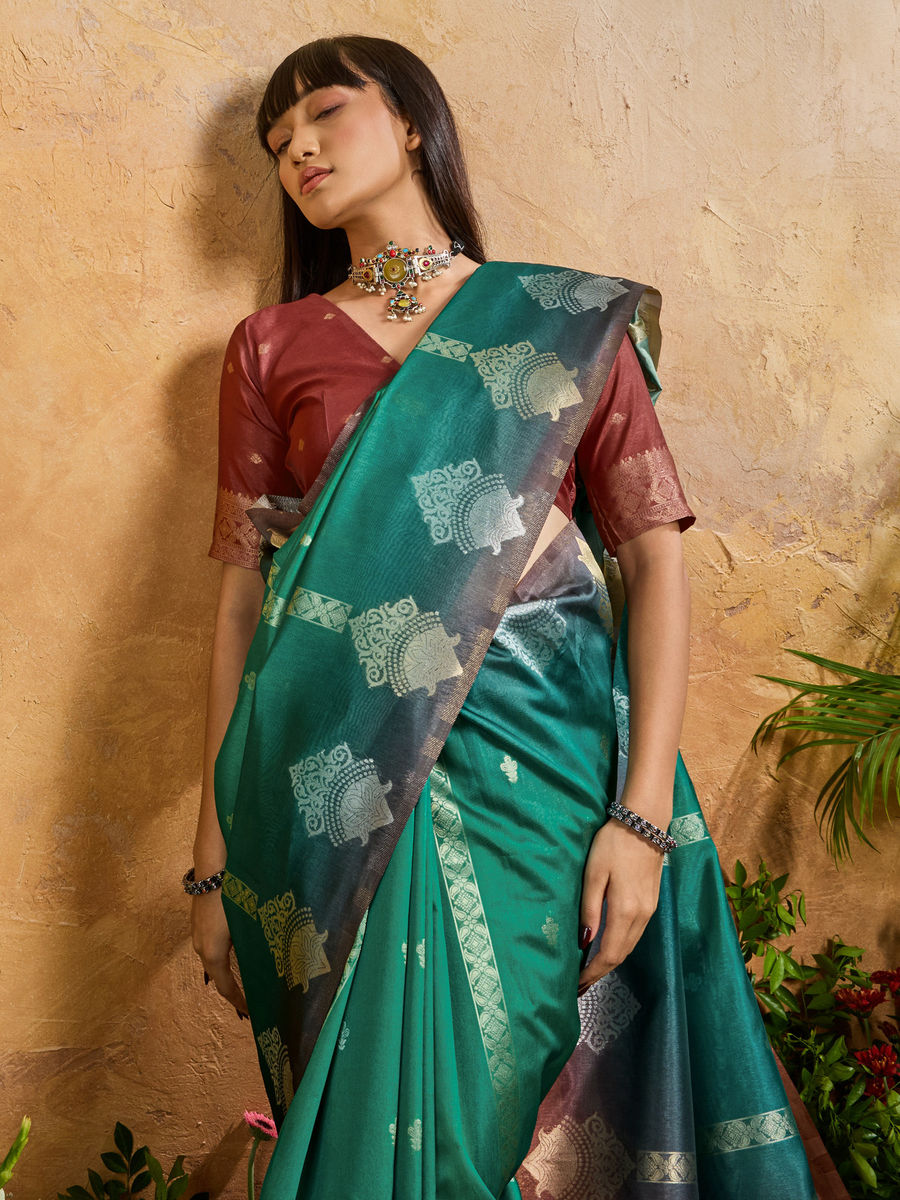 Green Pure Heavy Handloom Weaving Paper Silk Saree 