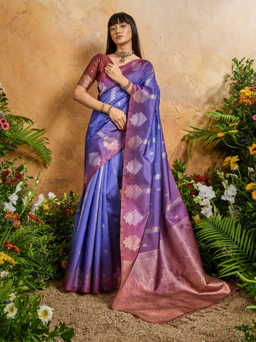 Blue Pure Heavy Handloom Weaving Paper Silk Saree 