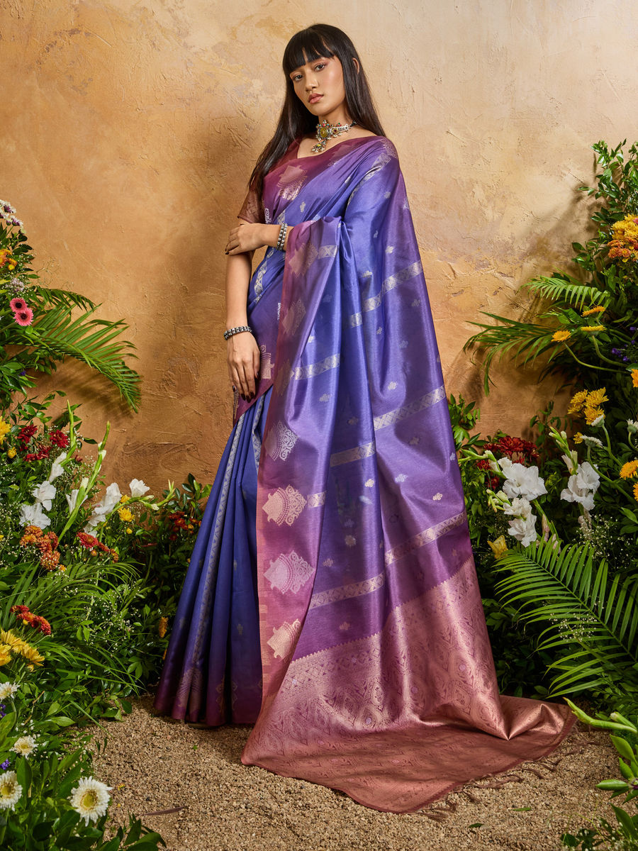Blue Pure Heavy Handloom Weaving Paper Silk Saree 