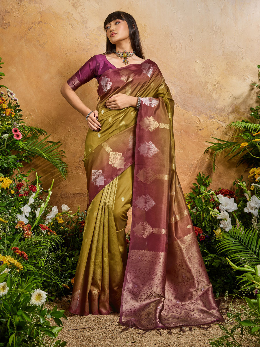Olive Pure Heavy Handloom Weaving Paper Silk Saree 