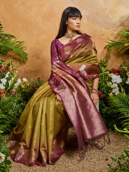 Olive Pure Heavy Handloom Weaving Paper Silk Saree 
