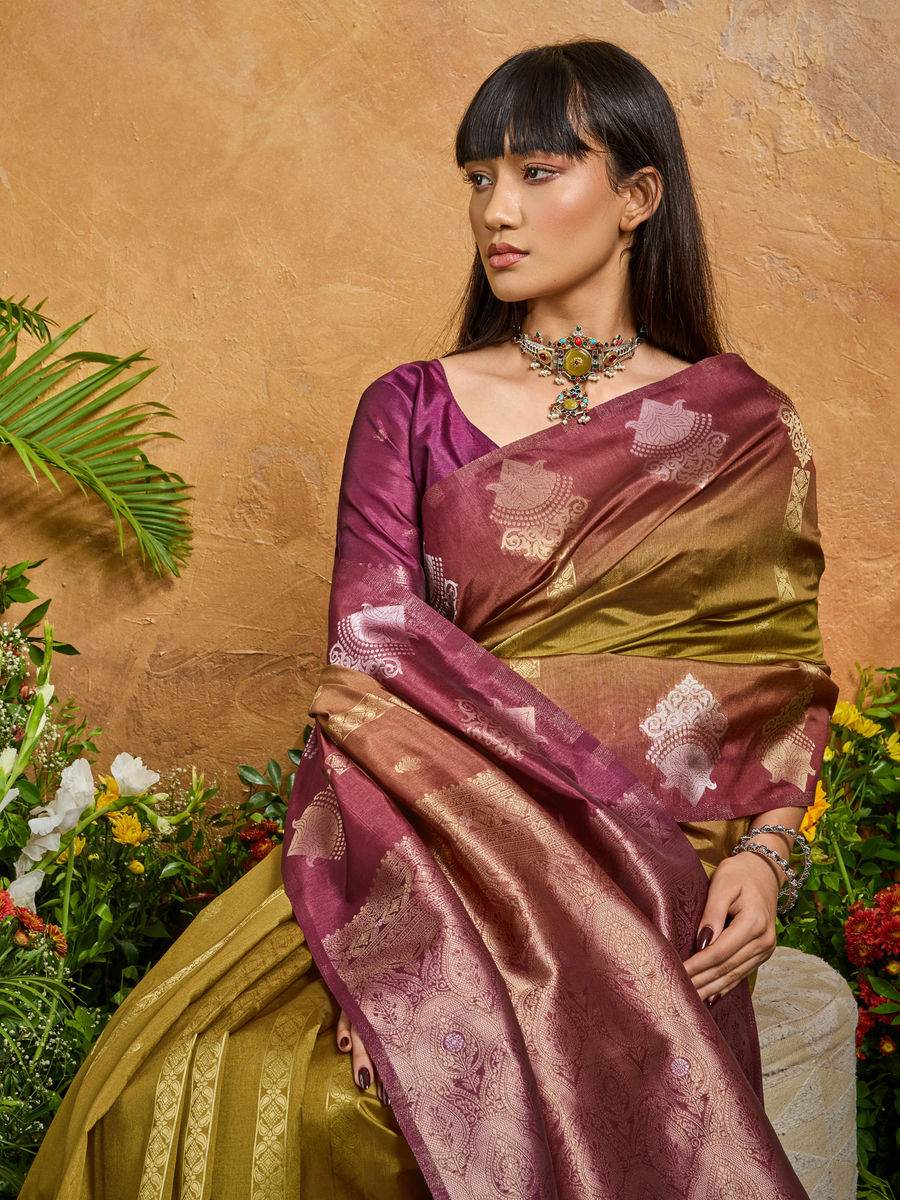 Olive Pure Heavy Handloom Weaving Paper Silk Saree 