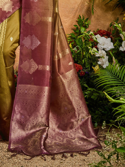 Olive Pure Heavy Handloom Weaving Paper Silk Saree 
