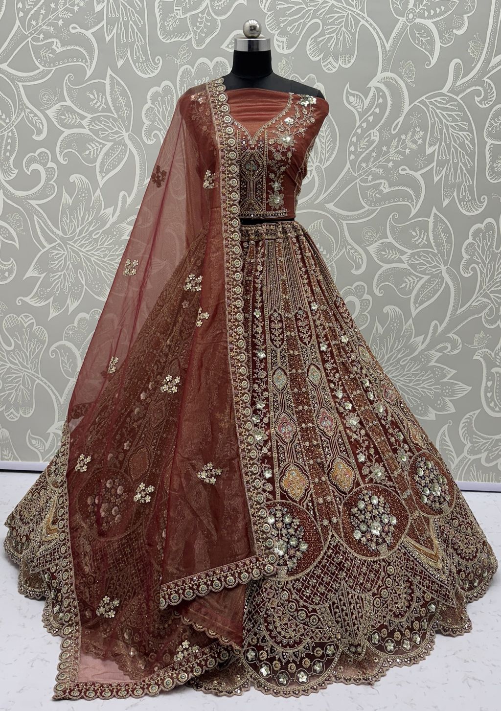 Cinnamon Pure Soft Orgenza Sequins Work Bridal Lehenga Choli