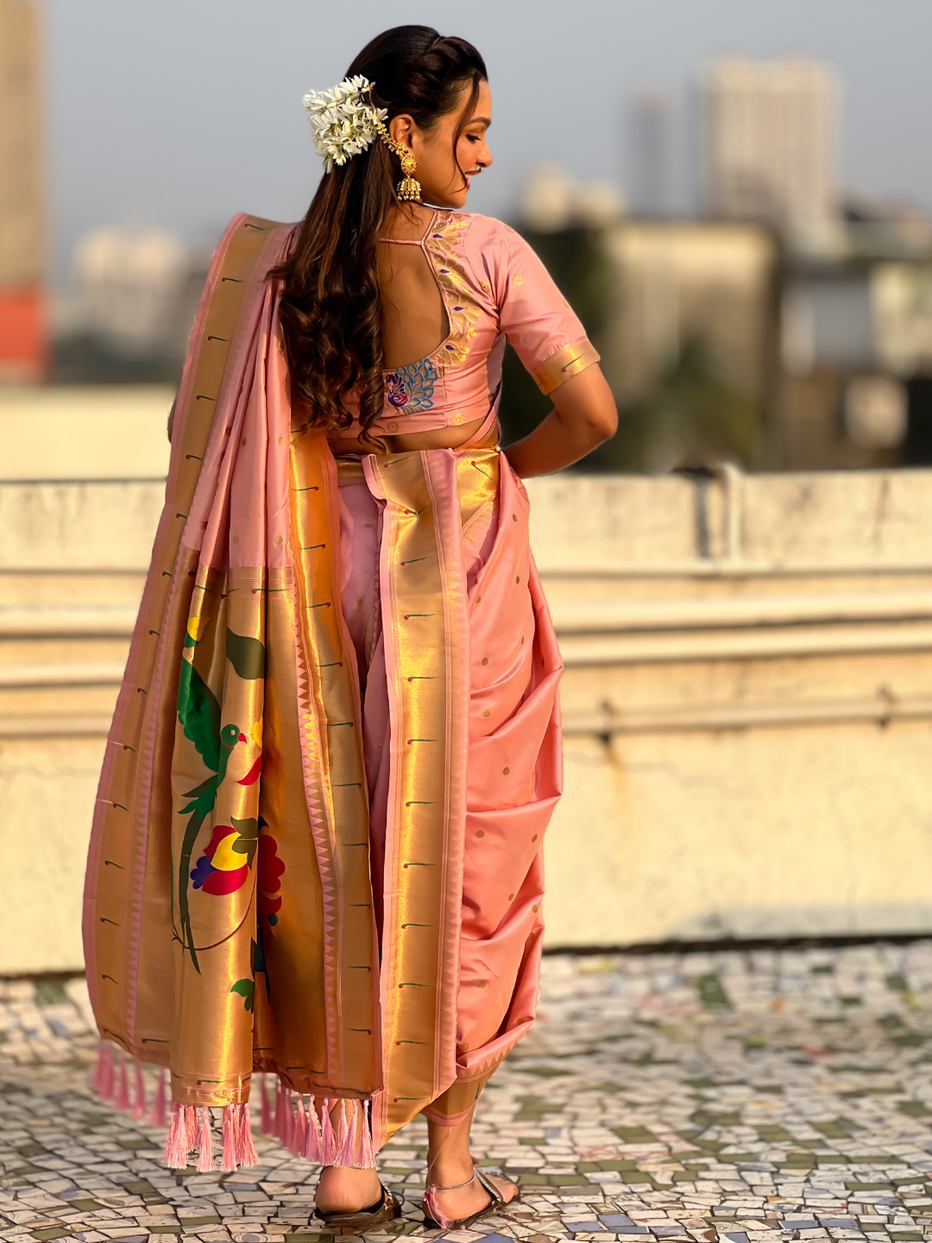 Baby Pink Wedding Special Nauvari Paithani Soft Silk Saree 