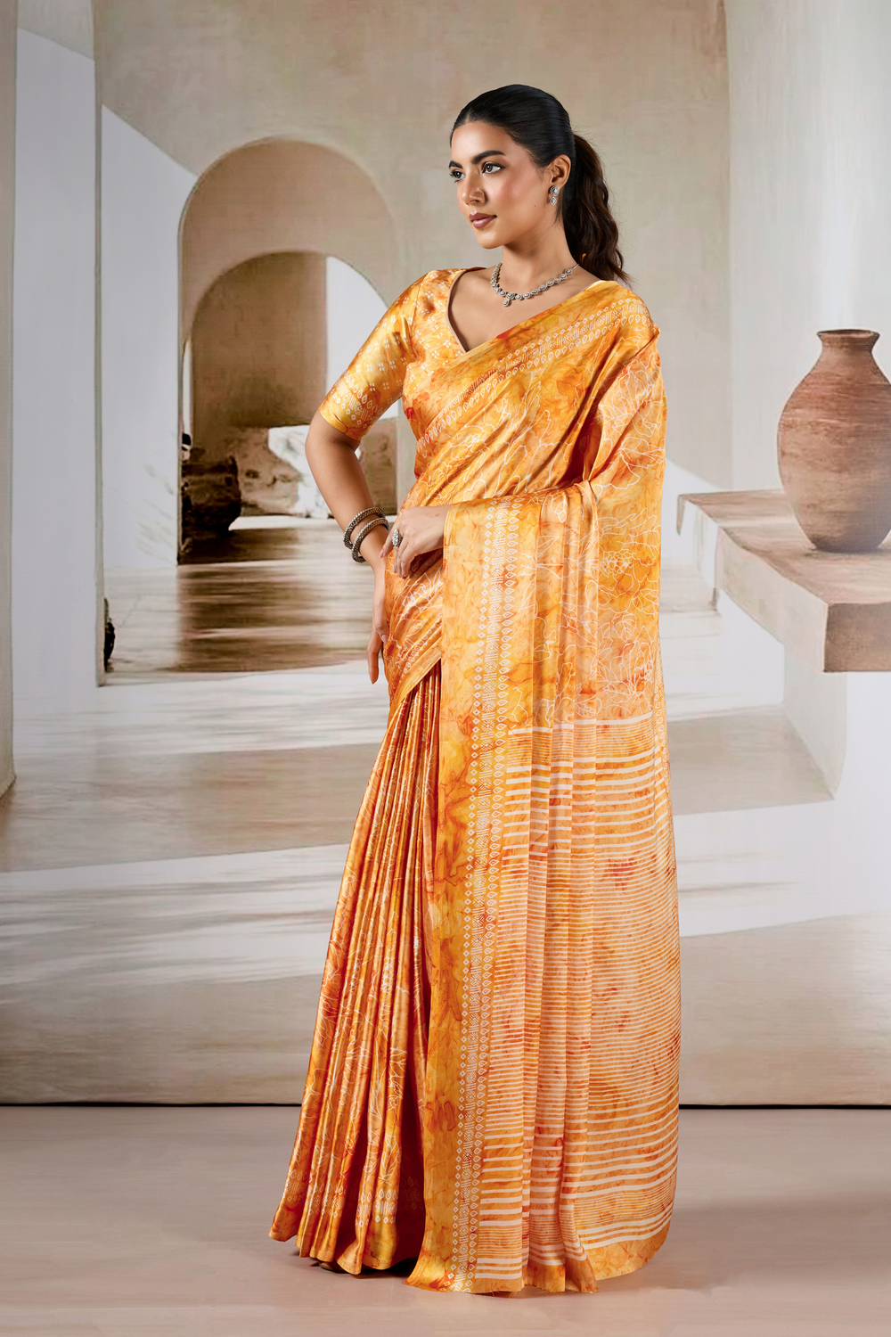 Yellow Modal Satin Hand Prism Print Saree ##color## Japan Satin Saree with premium fabric and embroidery
