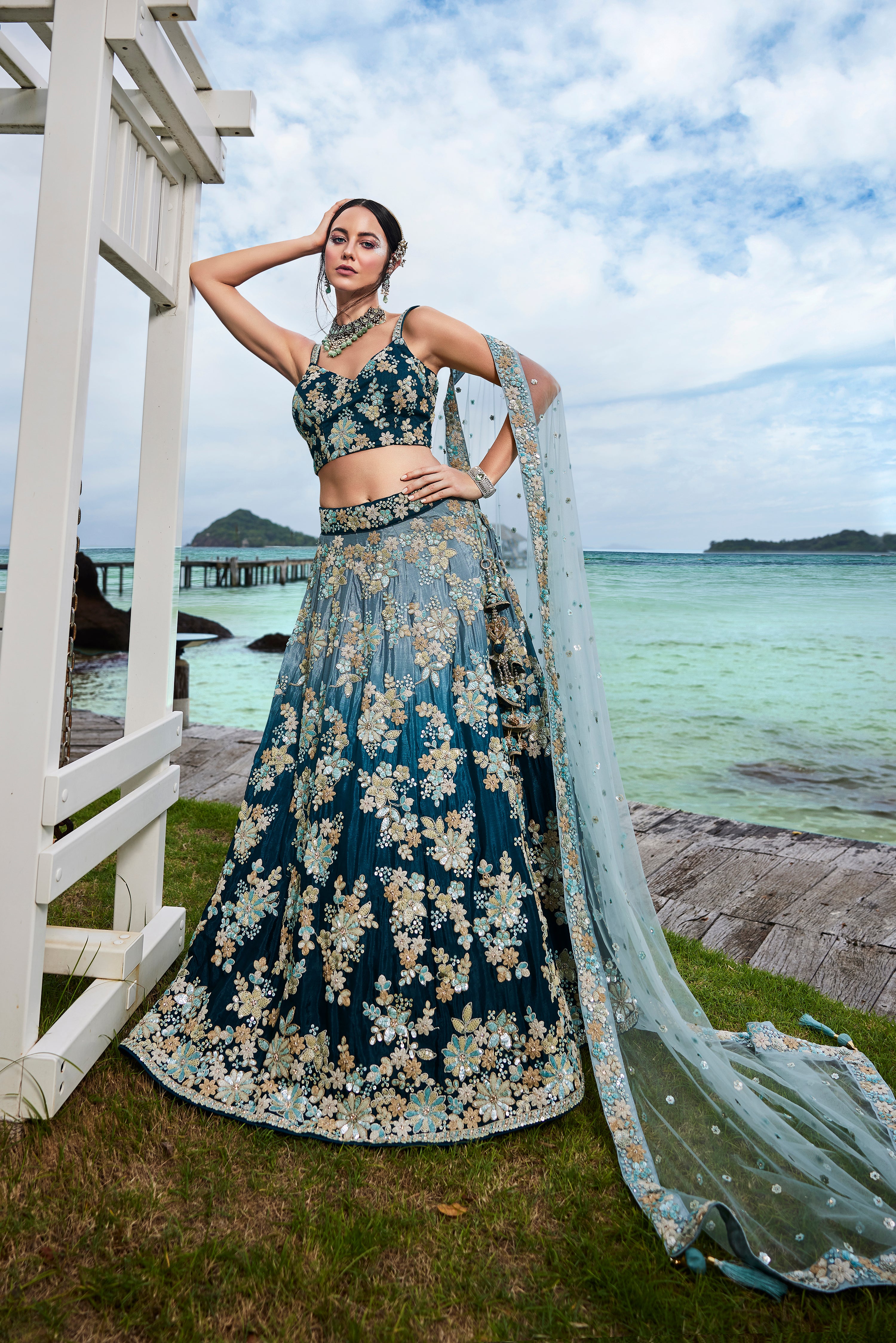 Teal Georgette Sequins &amp; Zarkan Embroidery Lehenga Choli &amp; Dupatta
