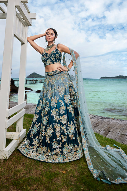 Teal Georgette Sequins &amp; Zarkan Embroidery Lehenga Choli &amp; Dupatta