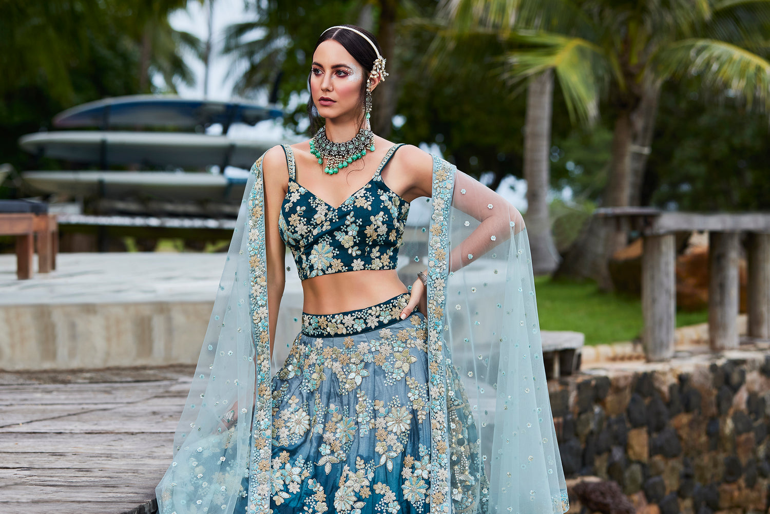 Teal Georgette Sequins &amp; Zarkan Embroidery Lehenga Choli &amp; Dupatta