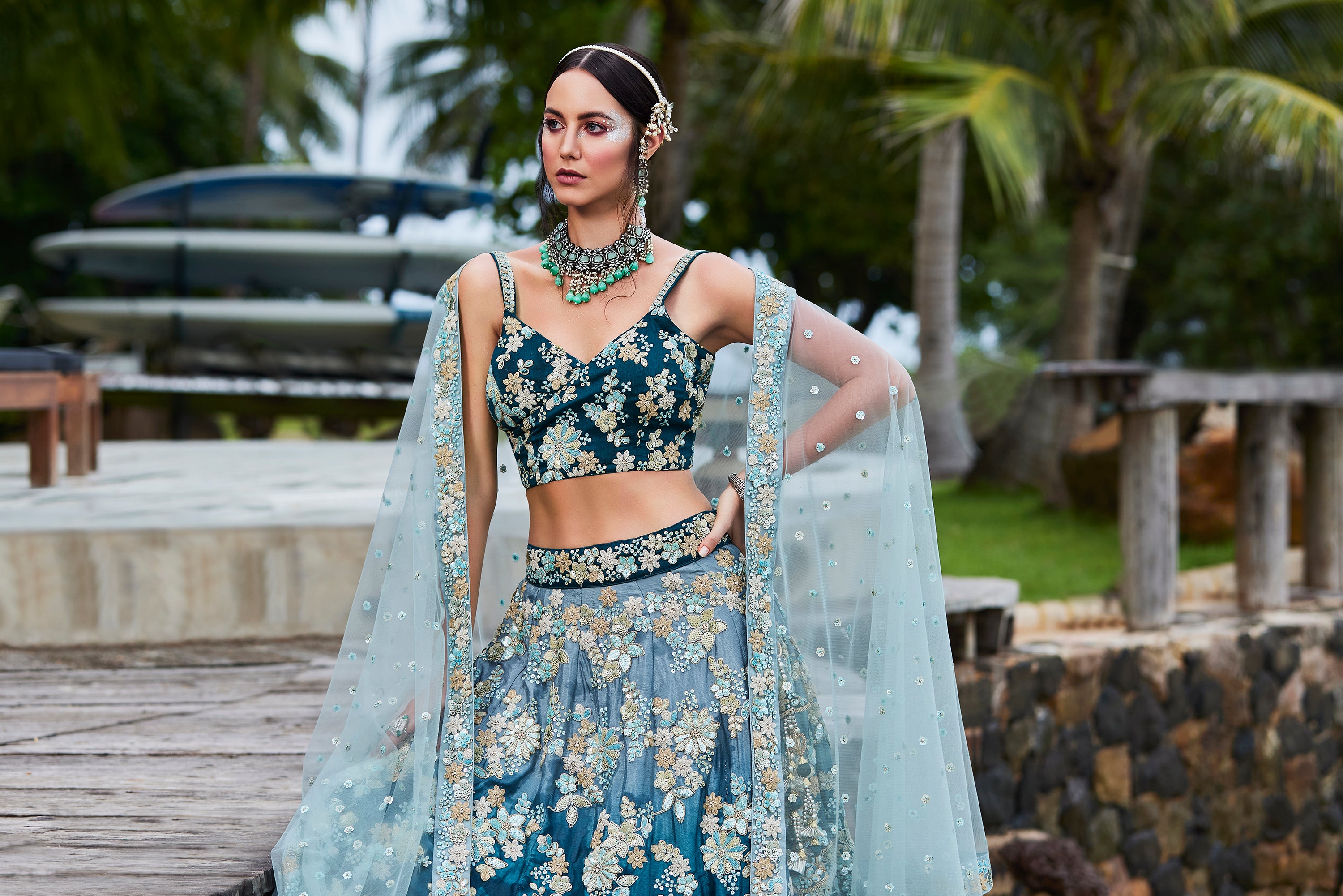 Teal Georgette Sequins &amp; Zarkan Embroidery Lehenga Choli &amp; Dupatta