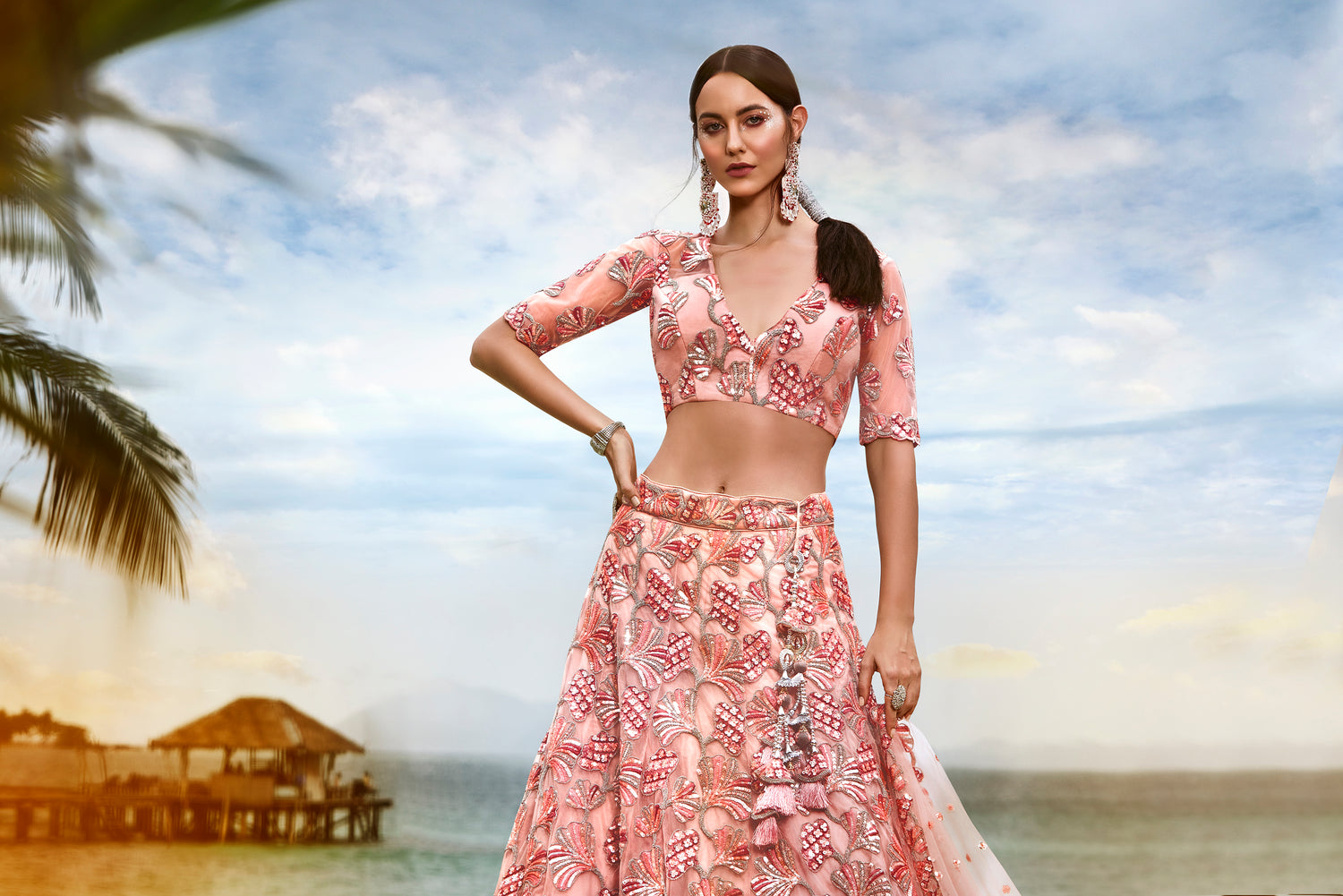 Coral Net Sequins Thread Embroidery Lehenga Choli &amp; Dupatta