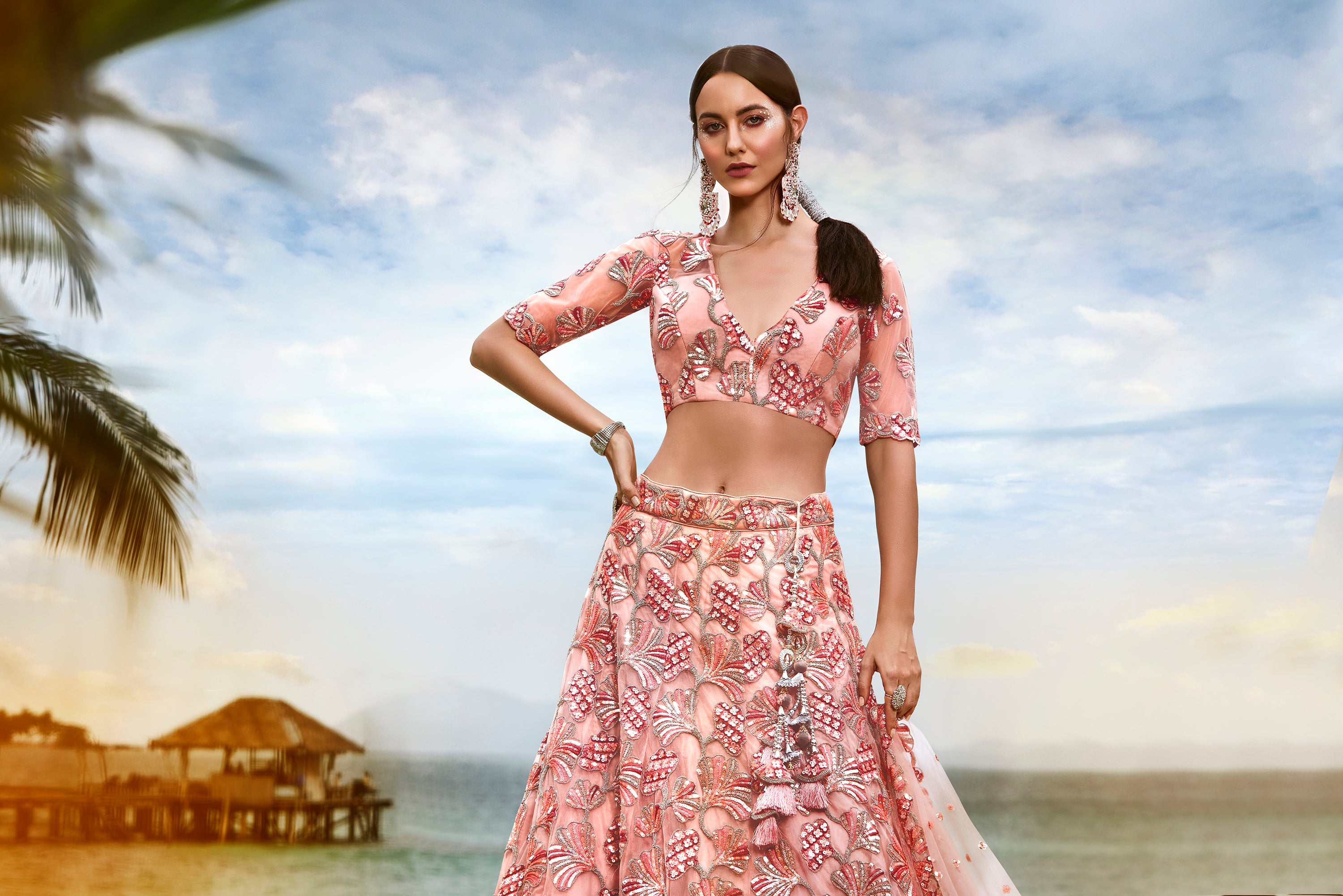 Coral Net Sequins Thread Embroidery Lehenga Choli &amp; Dupatta