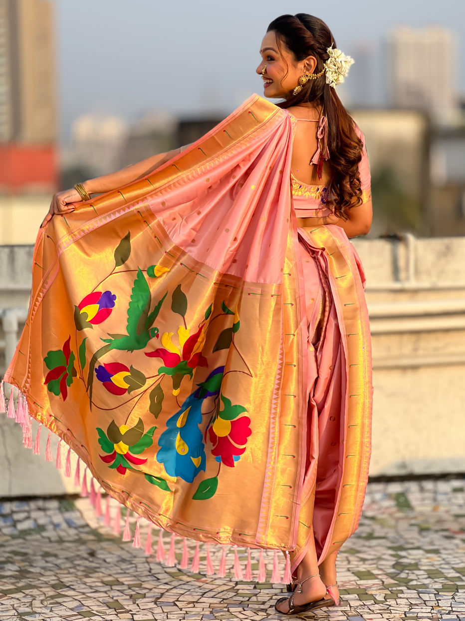 Baby Pink Wedding Special Nauvari Paithani Soft Silk Saree ##color## Paithani Saree with premium fabric and embroidery