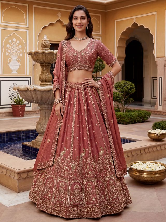 Peach Orange Pure Soft Heavy Fendi Orgenza Sequins Embroidery Work Bridal Lehenga 
