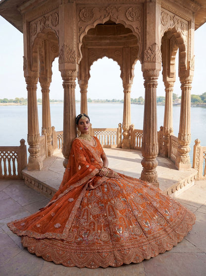 Orange Pure Soft Silk Heavy Embroidery Work Bridal Lehenga 