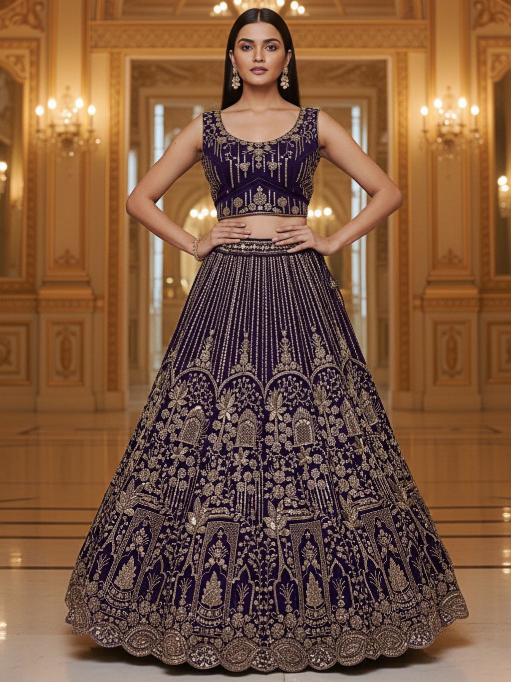 Violet Pure Soft Net Heavy Embroidery Work Bridal Lehenga