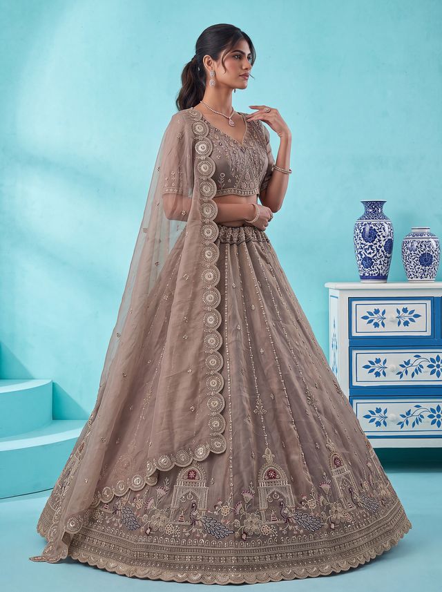 Light Brown Pure Chandnia Silk Handwork Motif Peacock Pattern Crystal Beads Multi Thread Dori &amp; Sequins Work Bridal Lehenga Choli