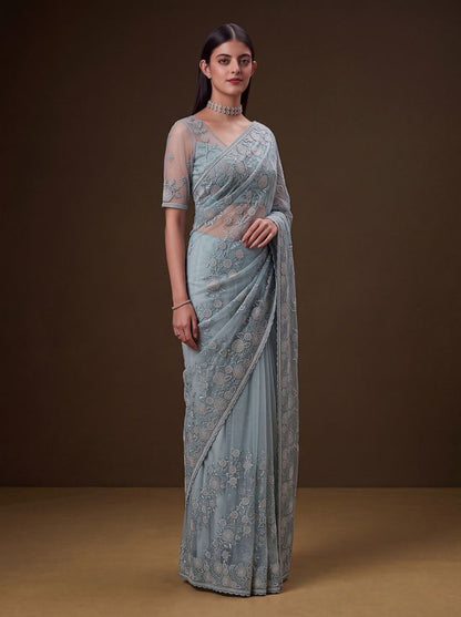 Sky Pure Premium Net Handwork Kasti &amp; Motif Zari Metallic Sequins Work Wedding Saree