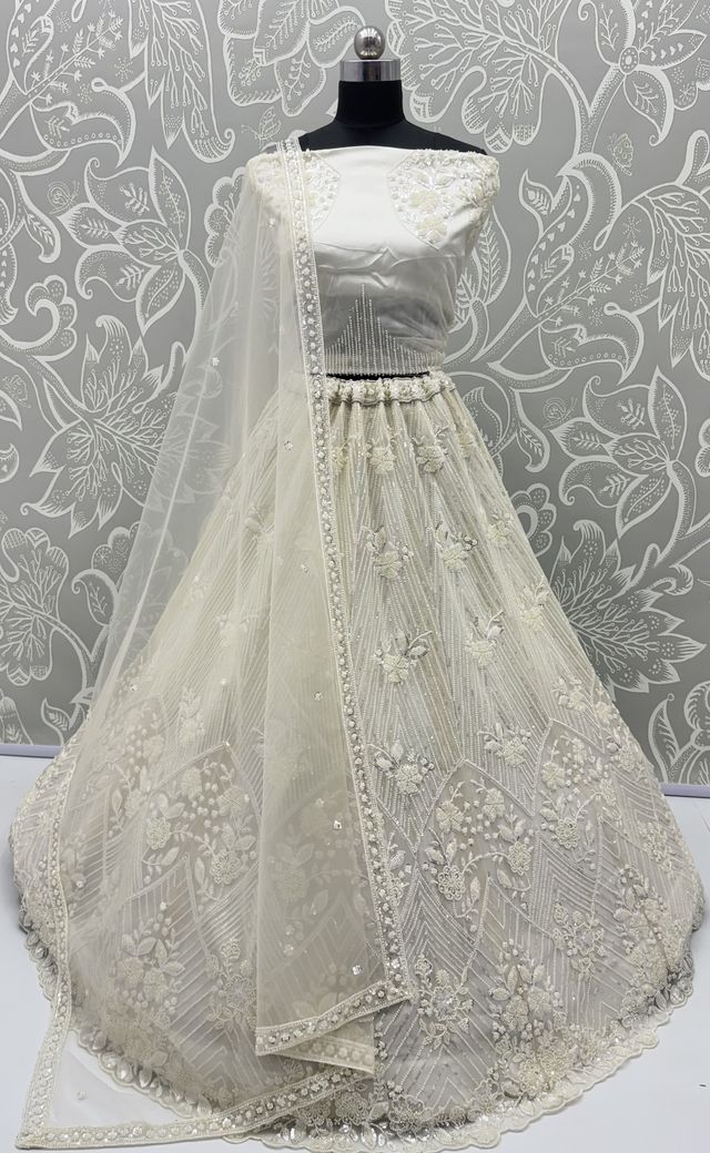 White Pure Heavy Net Motif Handwork Zari Sequins Work Bridal Lehenga Choli
