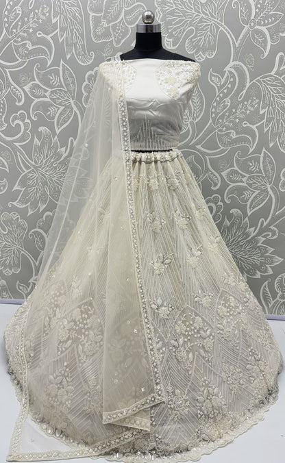 White Pure Heavy Net Motif Handwork Zari Sequins Work Bridal Lehenga Choli