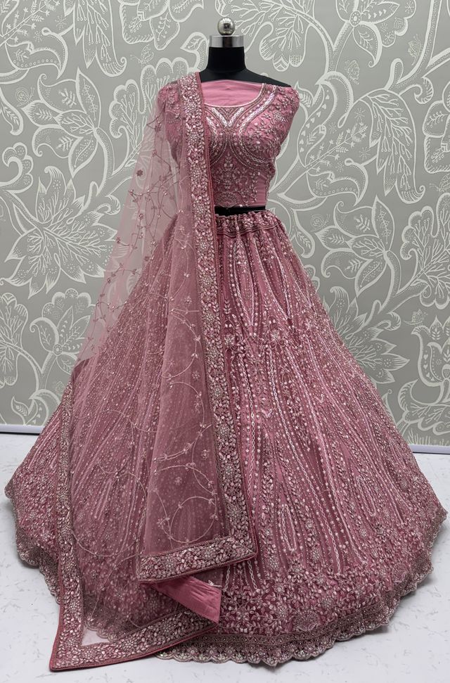 Pink Pure Soft Net Heavy Embroidery Work Bridal Lehenga